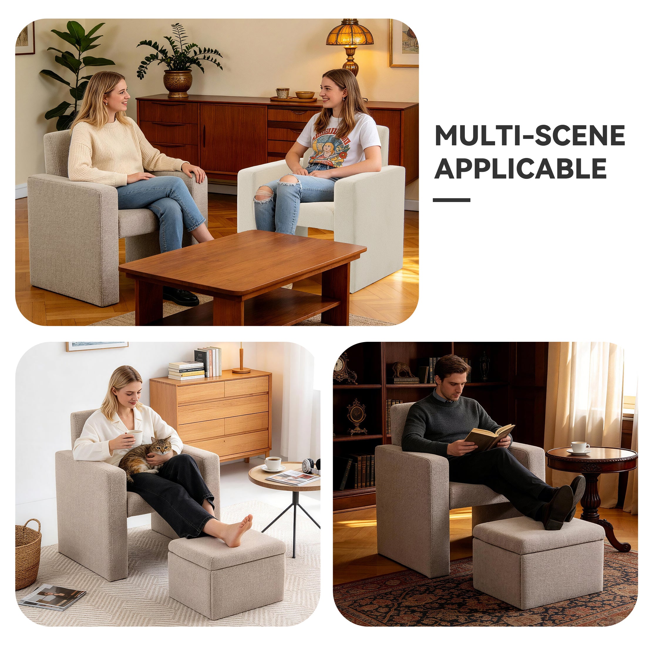 Culect Single Armchair with Storage Footrest ACSO-01 Beige